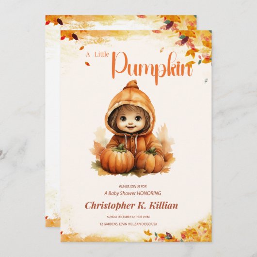 編集可能なかぼちゃ赤ちゃんシャワー招待状、 招待状 (正面/裏面)