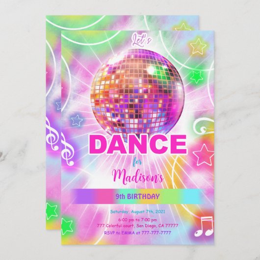 編集可能なかわいいダンス誕生日 招待状 (正面/裏面)