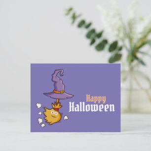 編集可能なかわいいハロウィンほうきポストカード シーズンポストカード