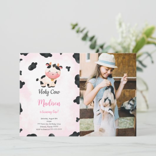 編集可能なかわいい牛の誕生日写真招待状 招待状 (スタンド正面)