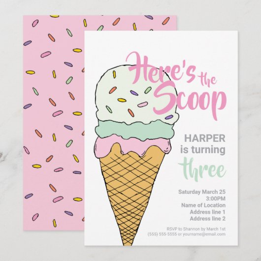 編集可能なアイスクリームソシアル... アイスクリームイベントのお祝い 招待状 (正面/裏面)