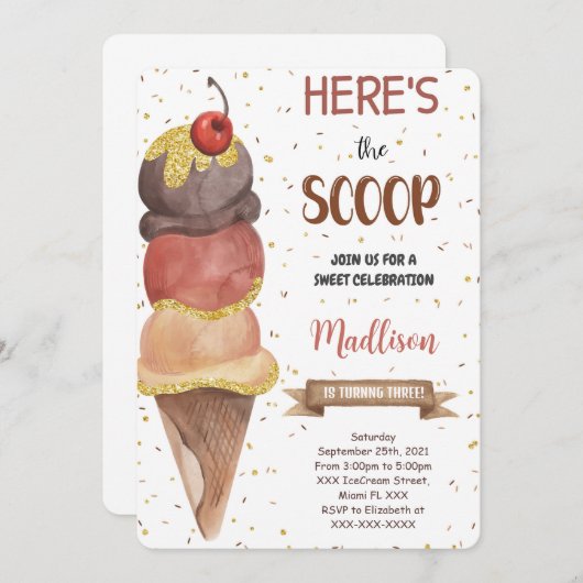 編集可能なアイスクリーム誕生日招待状 招待状 (正面/裏面)