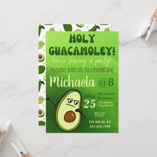 編集可能なアボカドの誕生日招待状 招待状 (正面/裏面インサイチュ)