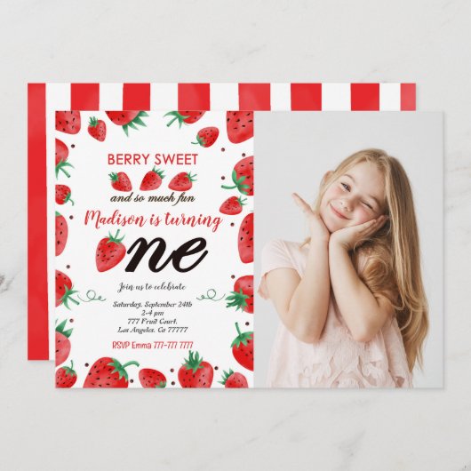 編集可能なイチゴの写真招待状 招待状 (正面/裏面)