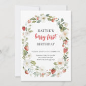 編集可能なイチゴの1歳誕生日パーティー招待状 招待状 (正面)