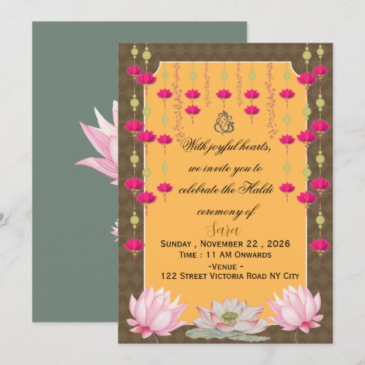 編集可能なインドの結婚式ハルディ招待状 招待状 (正面/裏面)