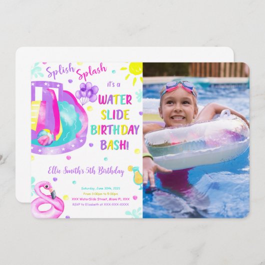 編集可能なウォータースライドの誕生日写真招待状 招待状 (正面/裏面)