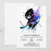 編集可能なエレガントな忍者ガールの誕生日 招待状 (正面/裏面)