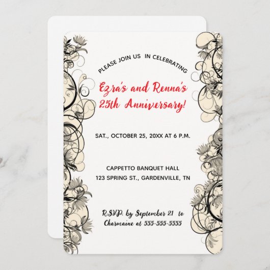 編集可能なエレガントな黒と白の花のフレーム 招待状 (正面/裏面)