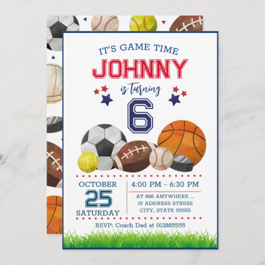 編集可能なオールスタースポーツ誕生日パーティーの招待 招待状 (正面/裏面)