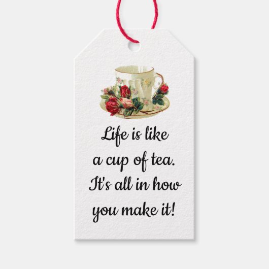 編集可能なカップとソーサーとバラ茶バッグポーチ ギフトタグ (正面)