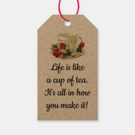 編集可能なカップとソーサーとバラ茶バッグポーチ ギフトタグ