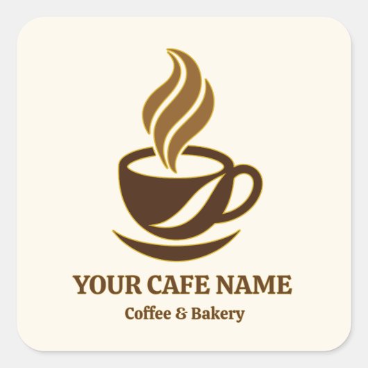 編集可能なカフェ開店ステッカー ロゴデザイン スクエアシール (正面)