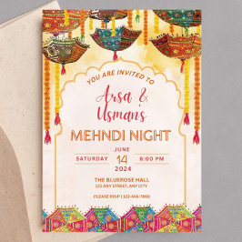 編集可能なカラフルなメヘンディオレンジ傘ハルディドゥ 招待状
