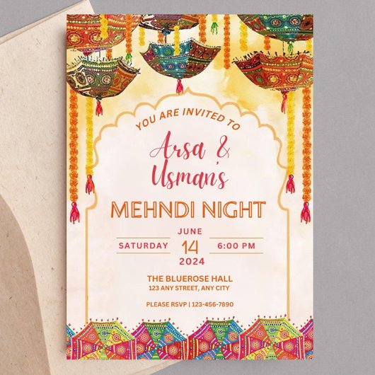 編集可能なカラフルなメヘンディオレンジ傘ハルディドゥ 招待状