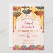 編集可能なカラフルなメヘンディ オレンジ色の傘 ハルディ ドゥ 招待状 (正面)
