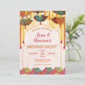 編集可能なカラフルなメヘンディ オレンジ色の傘 ハルディ ドゥ 招待状 (スタンド正面)