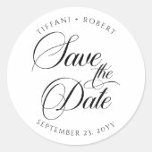 編集可能なカラーで特別な日を発表しよう。ミニマルでモダンなデザインの「Save the Date」ス ラウンドシール (正面)