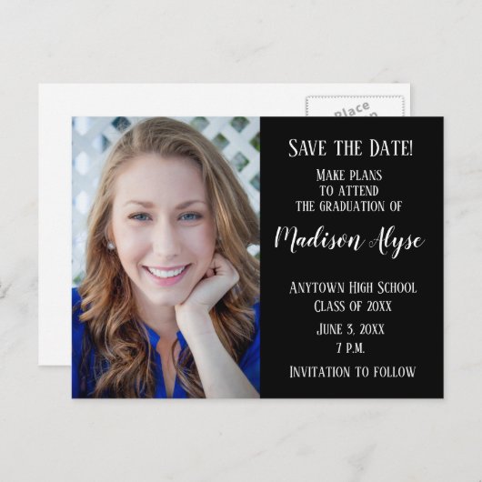 編集可能なカラーの黒い写真の卒業救期日 案内ポストカード (正面/裏面)