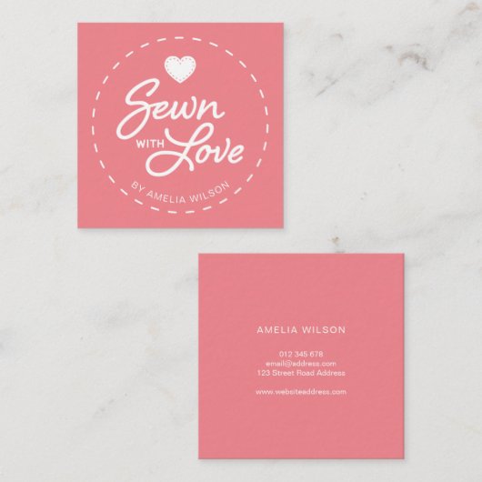 編集可能なカラースタイリッシュと愛のハートの縫い合わせ スクエア名刺 (正面/裏面)