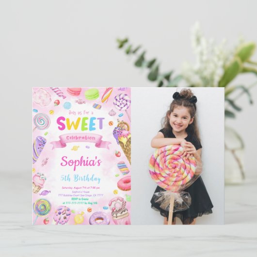 編集可能なキャンディー誕生日写真招待状 招待状 (スタンド正面)