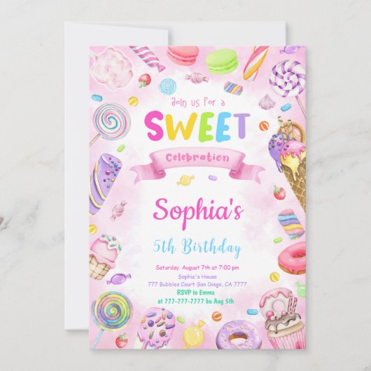編集可能なキャンディー誕生日招待状 招待状 (正面)