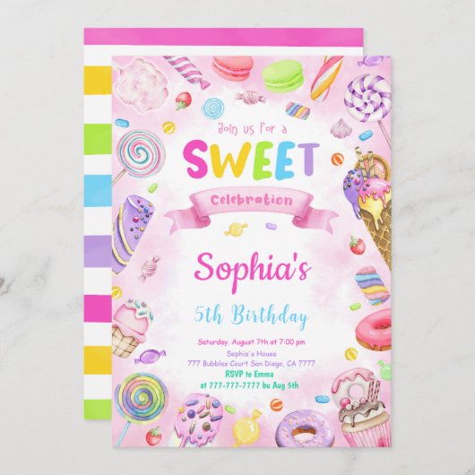 編集可能なキャンディー誕生日招待状 招待状 (正面/裏面)