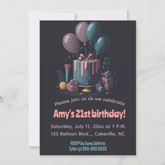 編集可能なギフトとバルーン誕生日 招待状 (正面)