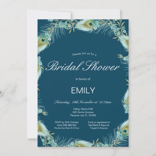 編集可能なクジャクの結婚前お茶会  招待状 (正面)