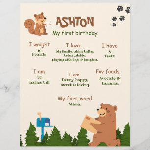 編集可能なクマの1歳の誕生日 森のクマの男の子 1st チラシ