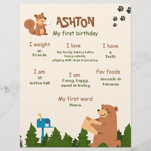 編集可能なクマの1歳の誕生日 森のクマの男の子 1st チラシ (正面)