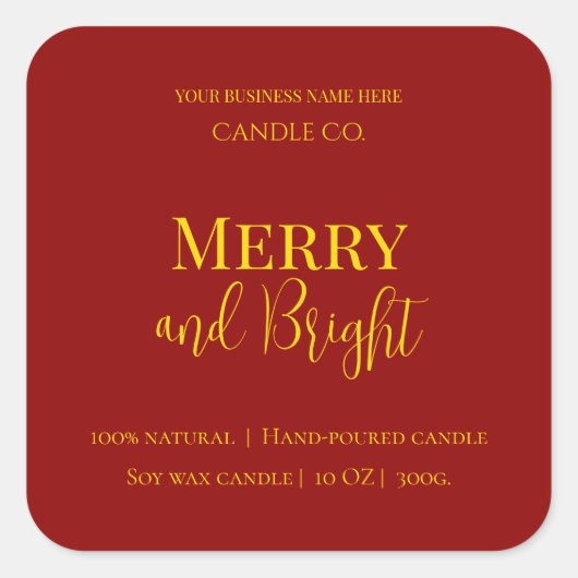 編集可能なクリスマスキャンドルデザイン Merry & Bright Holiday スクエアシール (正面)