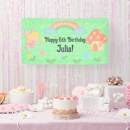 編集可能なクレヨンスタイル – 妖精のキノコの森 横断幕 (パーティー)