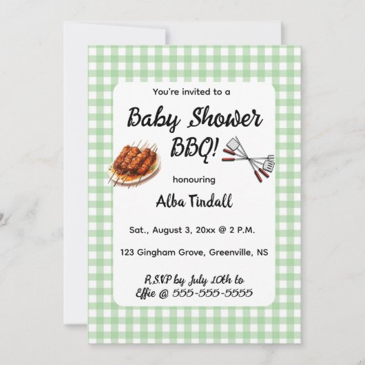 編集可能なグリーンギンガムBBQベビーシャワー 招待状 (正面)