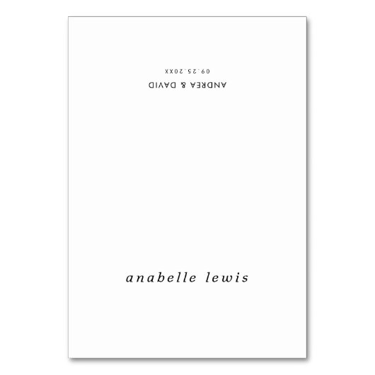 編集可能なゲスト名を記入できるスクリプト ウェディング プレイスクカード テーブルナンバー (正面)