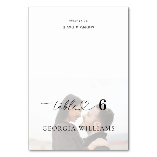 編集可能なゲスト名 フェード写真 ウェディングプレイスカード テーブルナンバー (正面)