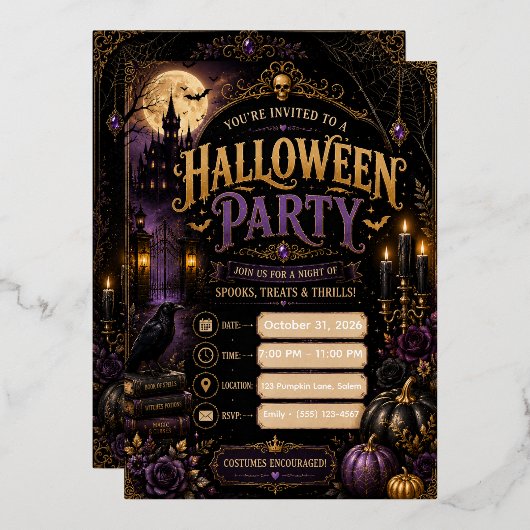 編集可能なゴシックハロウィンパーティー招待状 | ラグジュアリー 箔招待状 (正面/裏面)