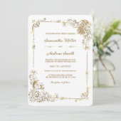 編集可能なゴールドとホワイトのウェディング 招待状 (スタンド正面)