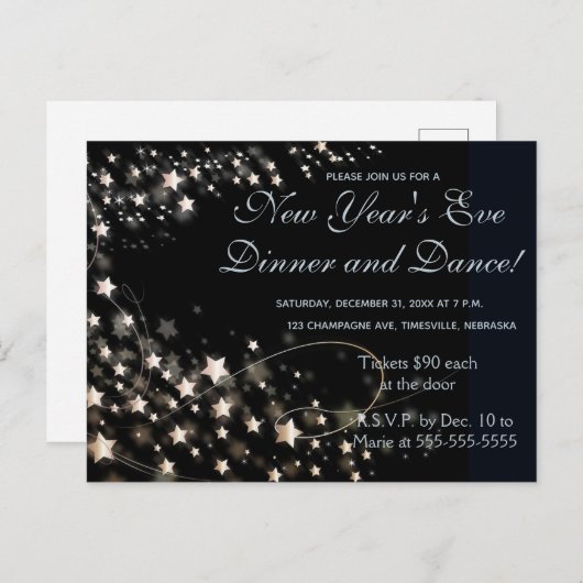 編集可能なゴールドの浮遊する星の招待状 インビテーションポストカード (正面/裏面)