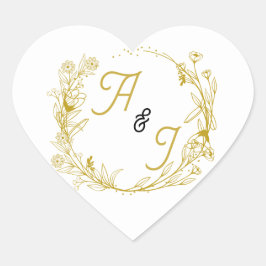 編集可能なゴールドフラワーの結婚式ステッカー ハートシール