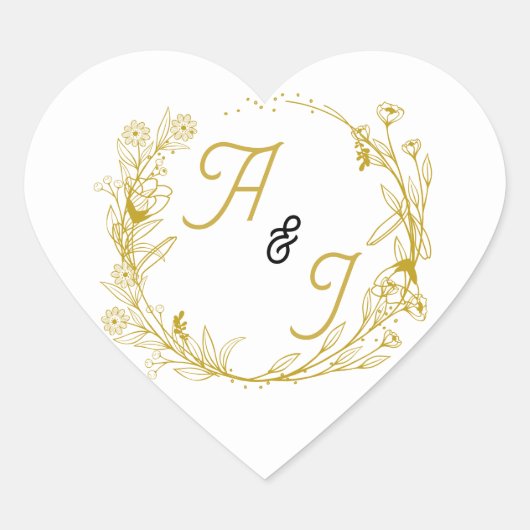 編集可能なゴールドフラワーの結婚式ステッカー ハートシール (正面)