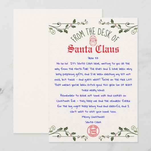 編集可能なサンタの手紙テンプレート 印刷可能 招待状 (正面/裏面)