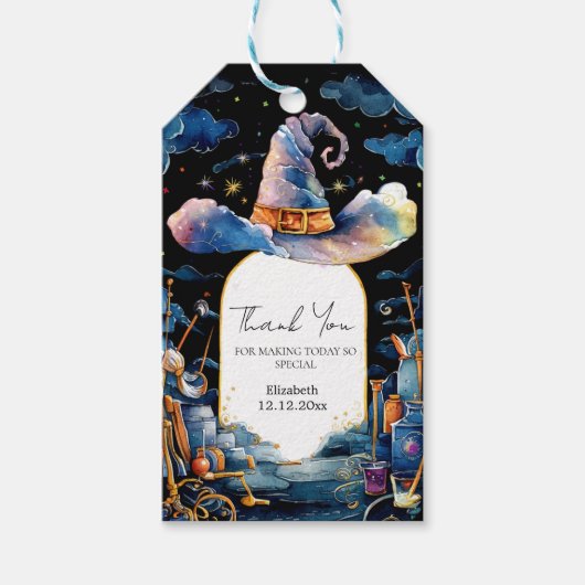 編集可能なシンプルウィザードハットベイビーシャワー ギフトタグ (正面)