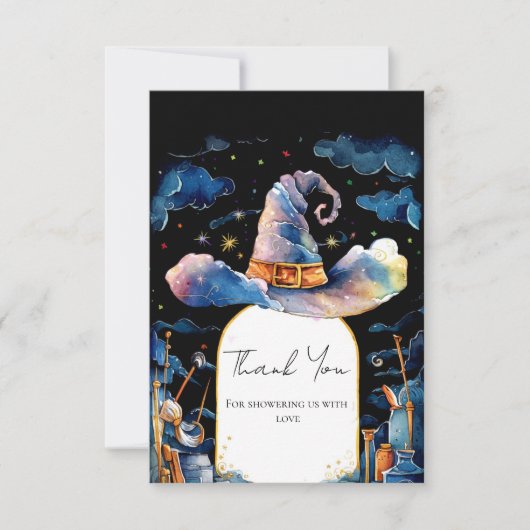 編集可能なシンプルウィザードハットベイビーシャワー サンキューカード (正面)