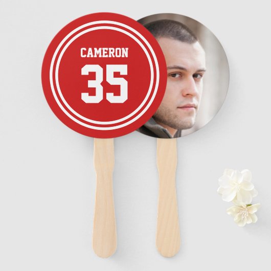 編集可能なストライプと背景色スポーティな写真 ハンドファン (正面&裏面)