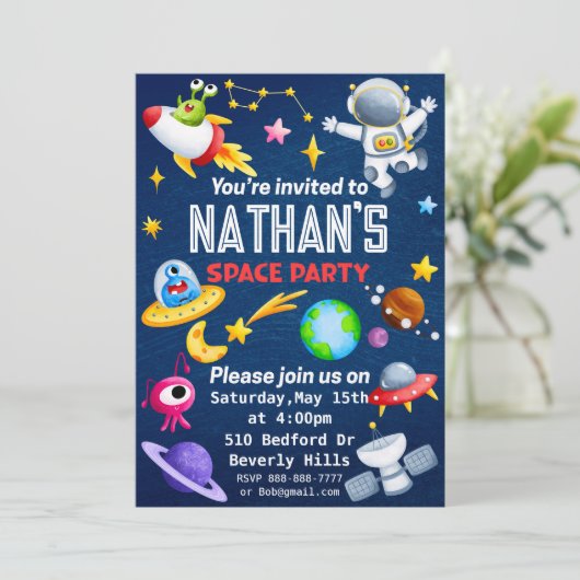 編集可能なスペースパーティー招待状 招待状 (スタンド正面)