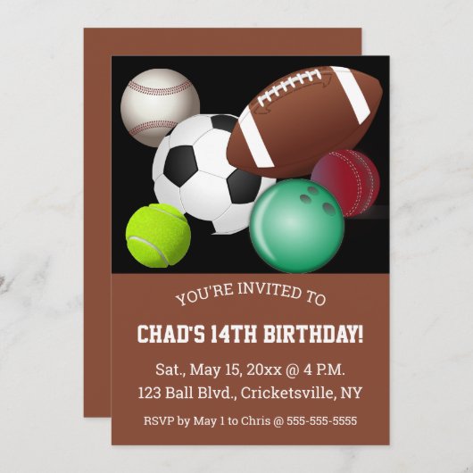 編集可能なスポーツボール誕生日招待カード 招待状 (正面/裏面)