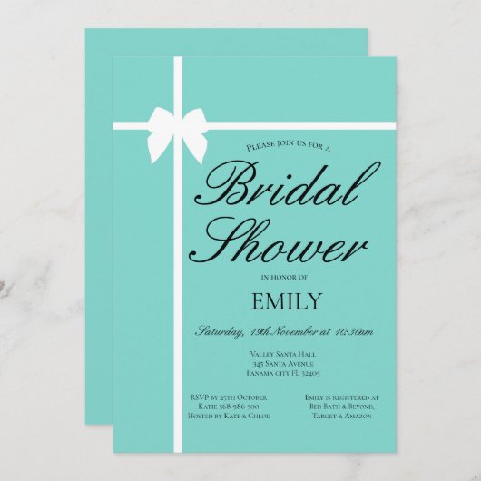 編集可能なターコイズ ブライダル シャワー、ベビー シャワー 招待状 (正面/裏面)