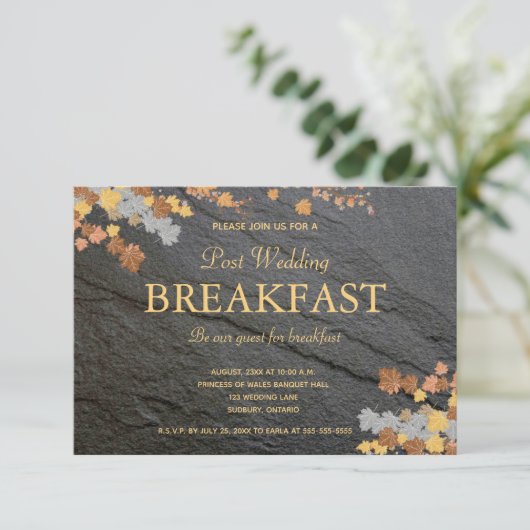 編集可能なダークグレー ストーン オータムリーフ 朝食 出欠カード (スタンド正面)