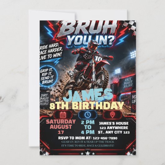 編集可能なダートバイクの誕生日 招待状 (正面)